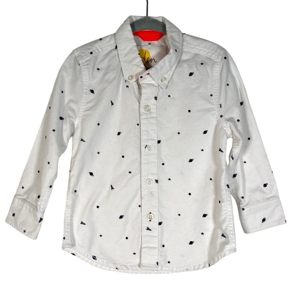 Boden Boy's Toddler Printed Button-Up Shirt 2-3T 98 cm White Long Sleeve Casual